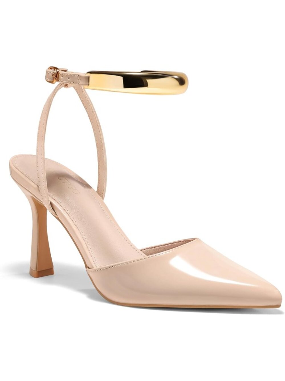 Women's Nude Strappy High Heels Closed Pointed Toe Pumps Ankle Strap Metal